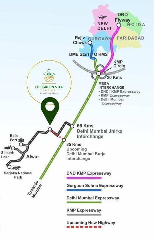 Location Map showing proximity to Delhi, Gurgaon, and major expressways